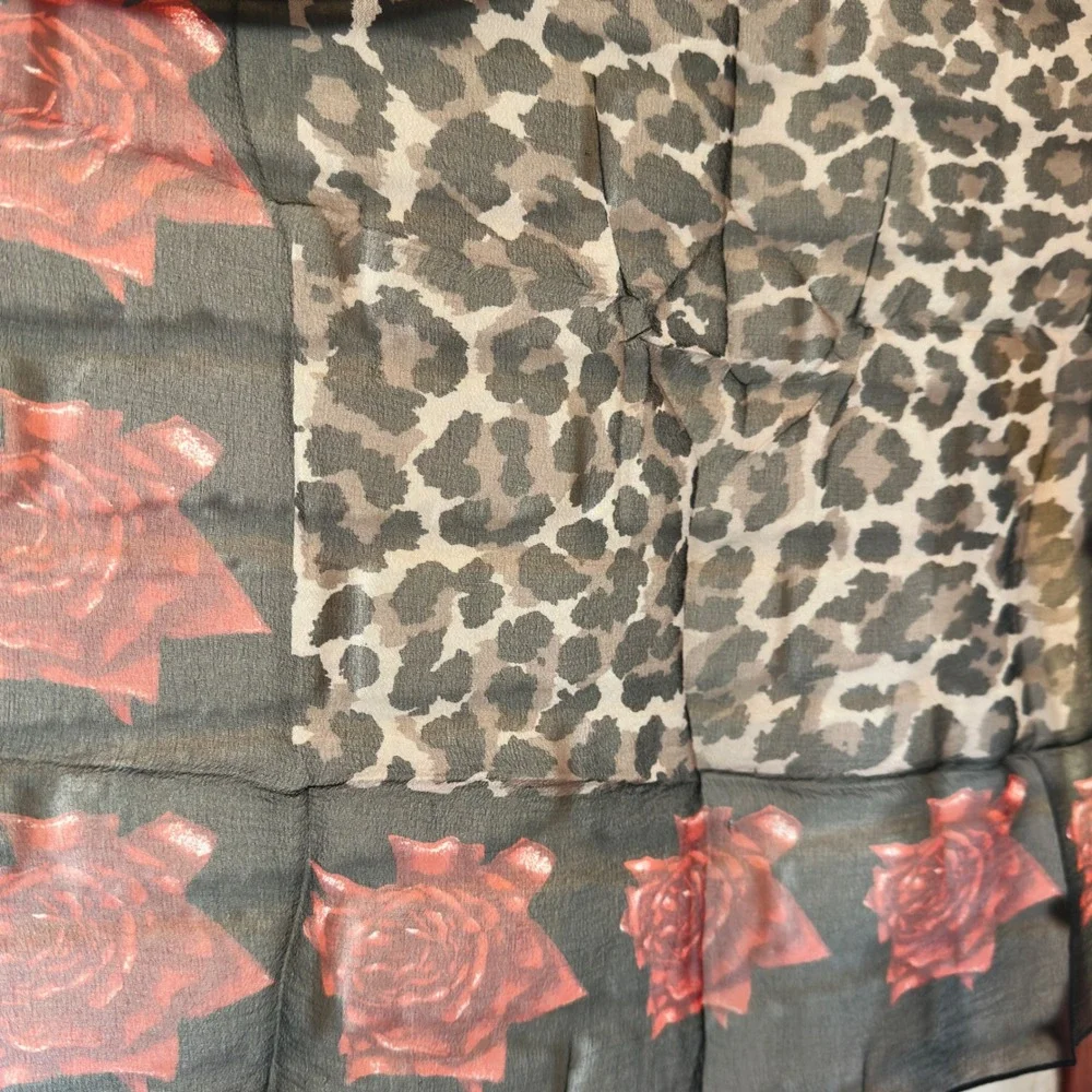Leopard Print Rose Scarf Red Black Sheer Chiffon Square Neck Head Wrap 16.5